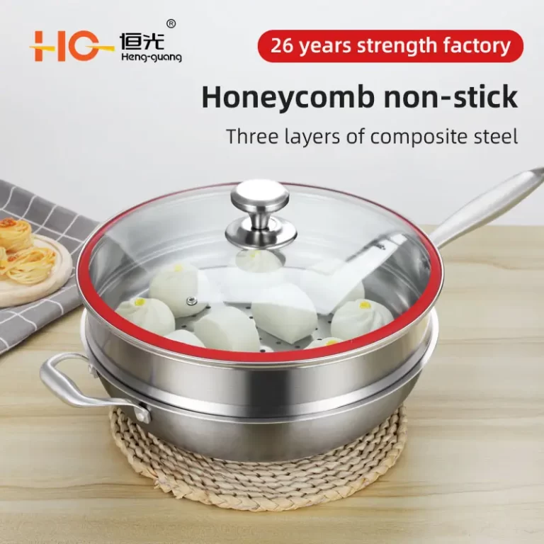 Wholesale non-stick tri ply stainless steel wok with steamer (1)