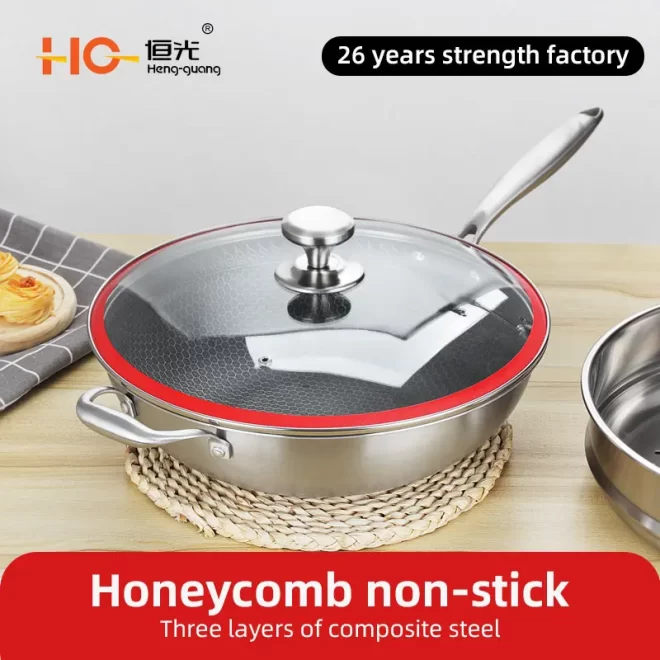 Wholesale non-stick tri ply stainless steel wok with steamer (2)