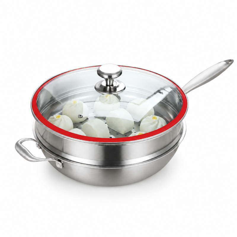 Wholesale Non-Stick Tri Ply Stainless Steel Wok with Steamer and Lid — Hengguang Cookware Manufacturer