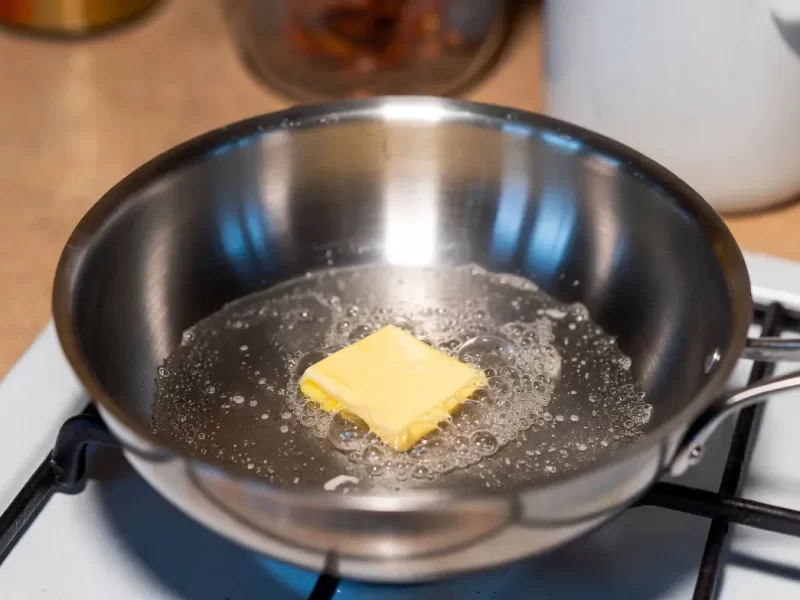 heating butter in tri-ply stainless steel frying pan